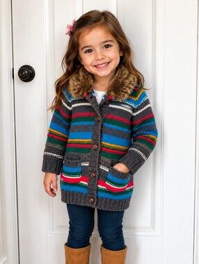 Hanna Anderson Colorful Striped Kids Cardigan with Faux Fur Collar Wool Blend. 4